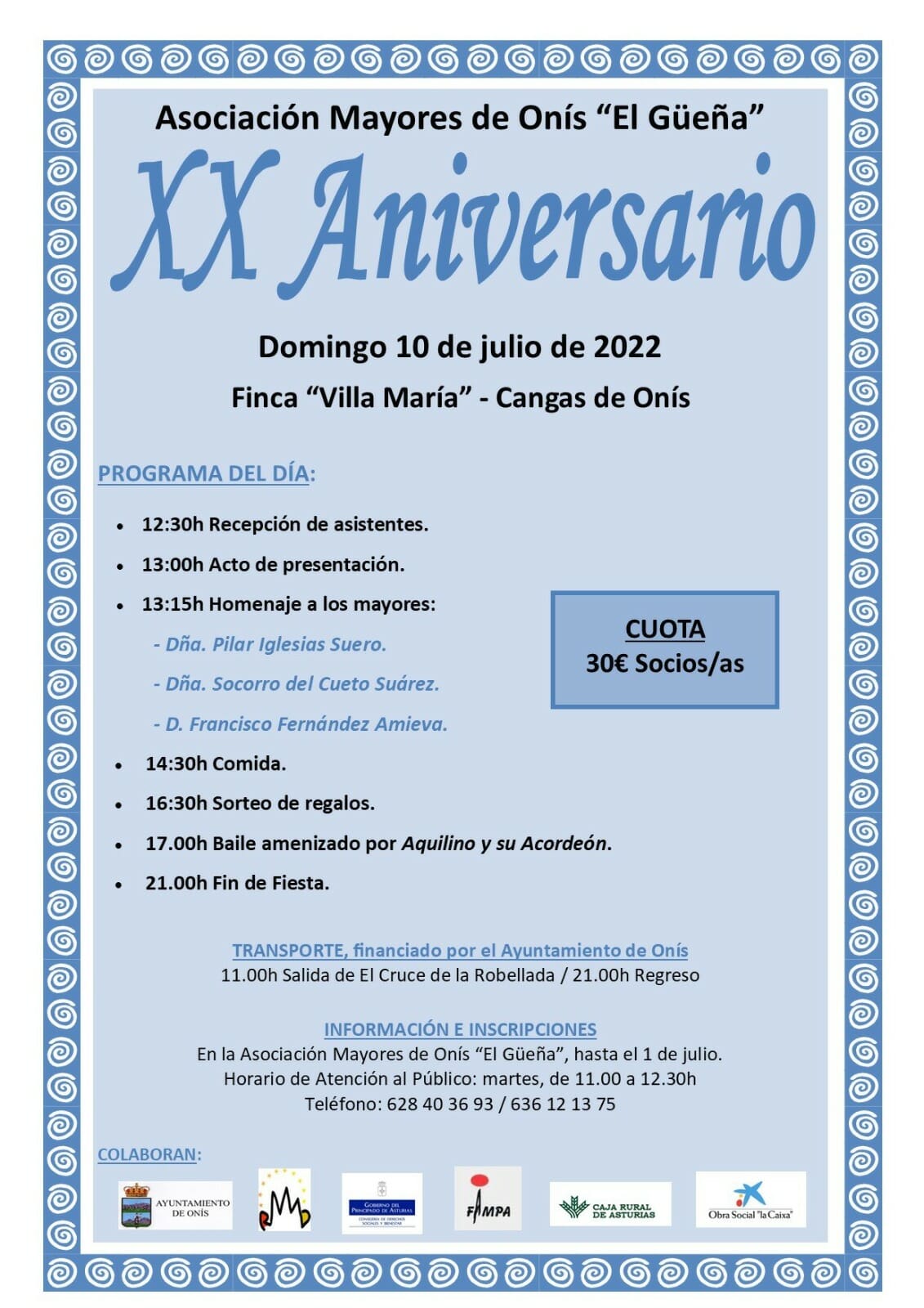 Cartel programa XX Aniversario Asociación de Mayores de ONís "El Güeña"
